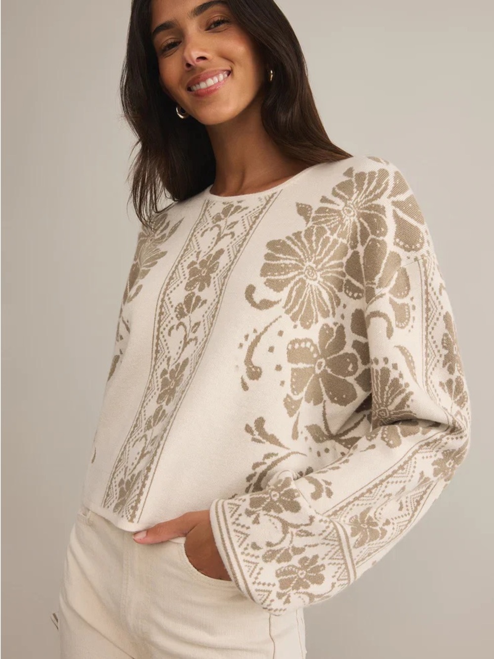 Z Supply Cream Sweater with Beige Floral Jacquard